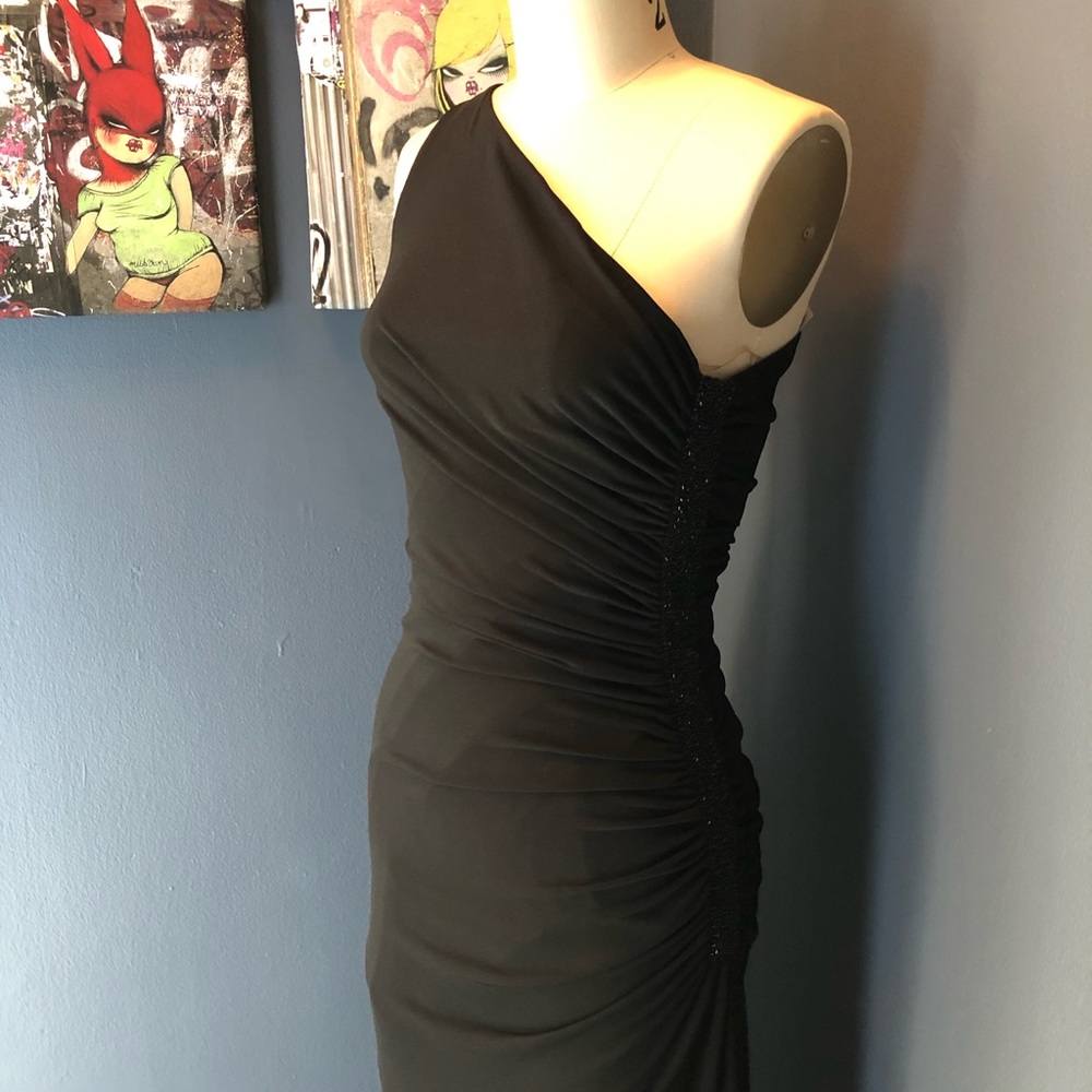 Laundry Womens Blue One Shoulder Jersey Beaded Side Slit Gown Dress Size 4 $390 - Picture 2 of 6